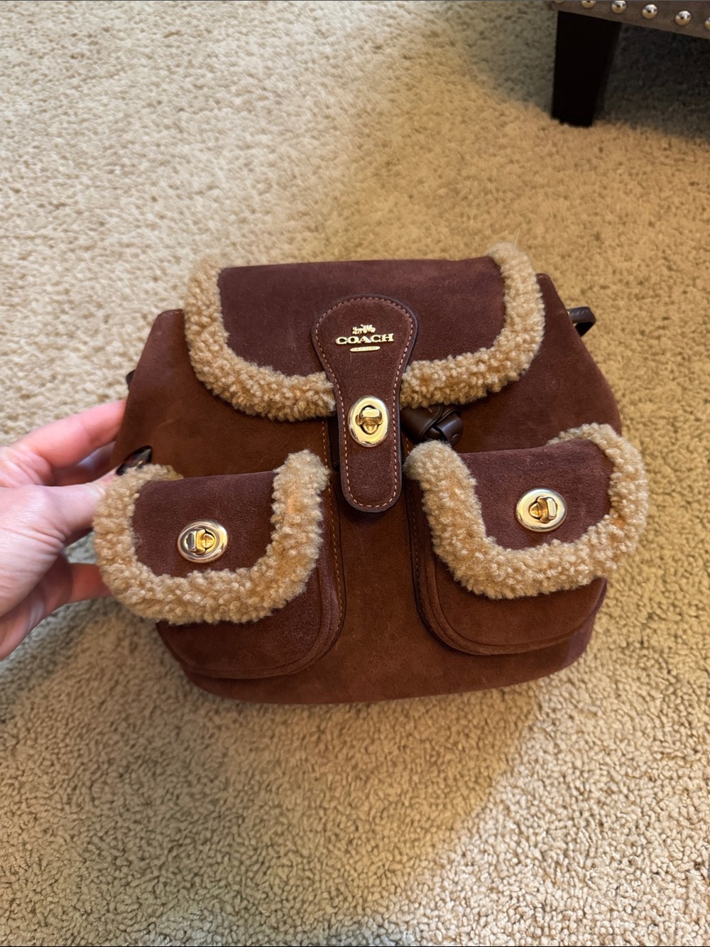 Coach Brown Suede Mini Backpack with Cream Shearling Trim